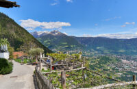 Gasthof Oberlechner (Vellau) mit Blick auf Meran und Dorf Tirol (Südtirol)